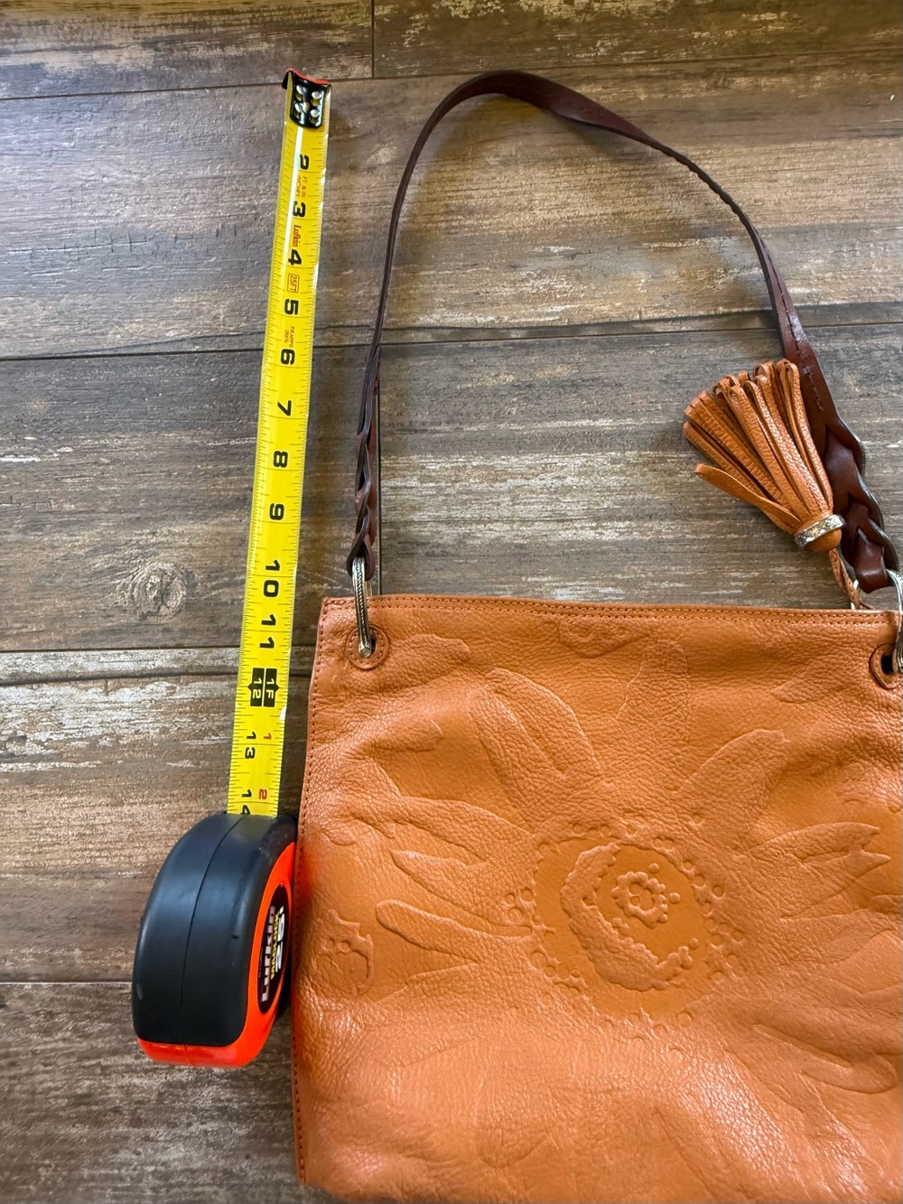 Brighton Piper Slim Embossed Leather Shoulder Purse Bag w Tassel, Orange and Tan - Picture 12 of 13